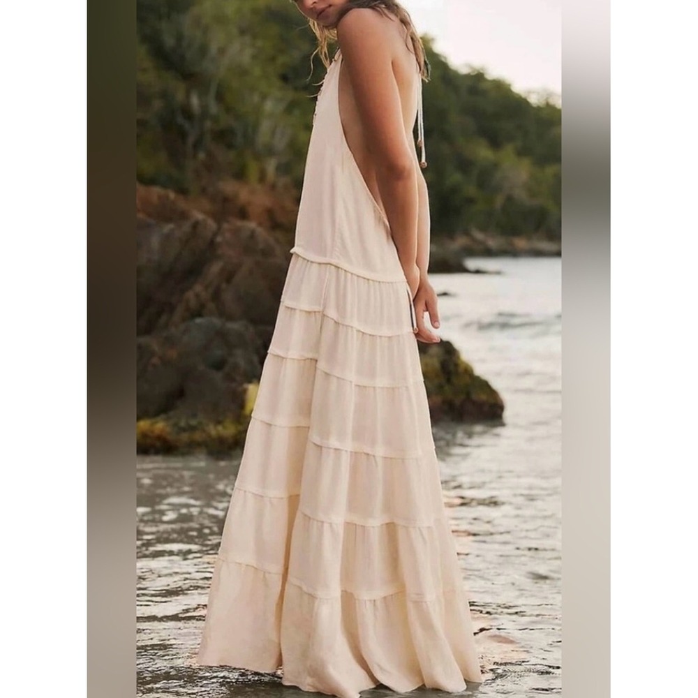 NWT Free People Somewhere Sunny Drop Waist Tiered Open Back Halter Maxi S NWT